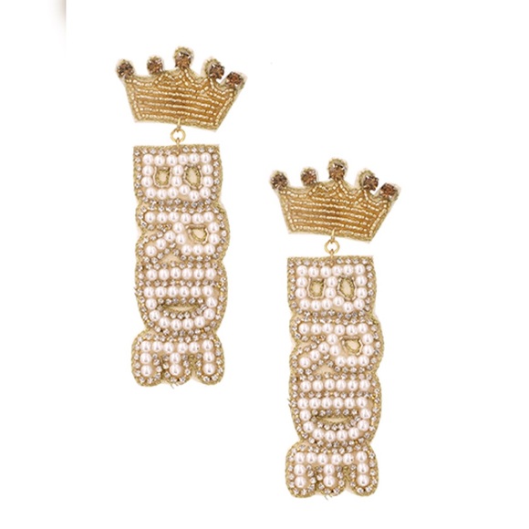 Bride beaded white and gold wedding earrings - Picture 1 of 5